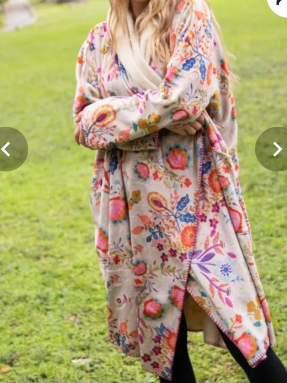 NATURAL LIFE Cream Floral Wrap Blanket Cape with Pink & Blue Accents